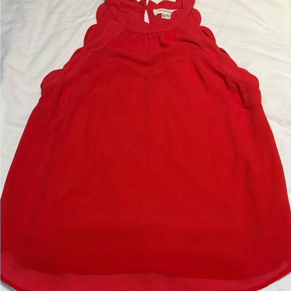 Monteau Red Scallop Edge Sleeveless Blouse M Halter Style Chic Office Siren Sexy